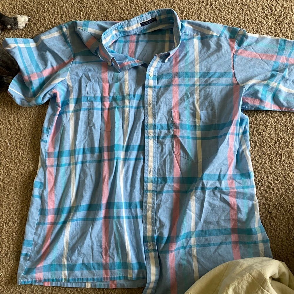 Mens Vintage Van Heusen Blue Plaid Short Sleeve Button Down Shirt